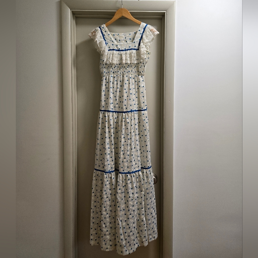 Vintage 1970s Square Neck Dress | Cute Blue-Strawberry Pattern!
